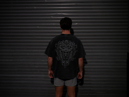 Christian gym clothes inspired by book of revelation & lion of Judah, oversized christian shirts, Mens christian clothing, black, back on model
