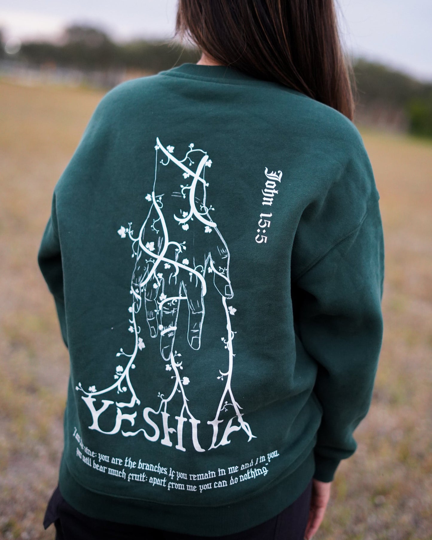 Kingdom come, Christian Sweatshirt/crewneck inspired by jesus, John 15:5, green on girl model, back, outside